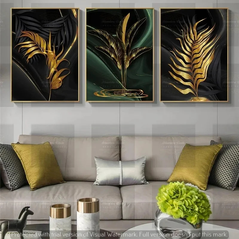 3 Piece Abstract Art Three Golden Leaves