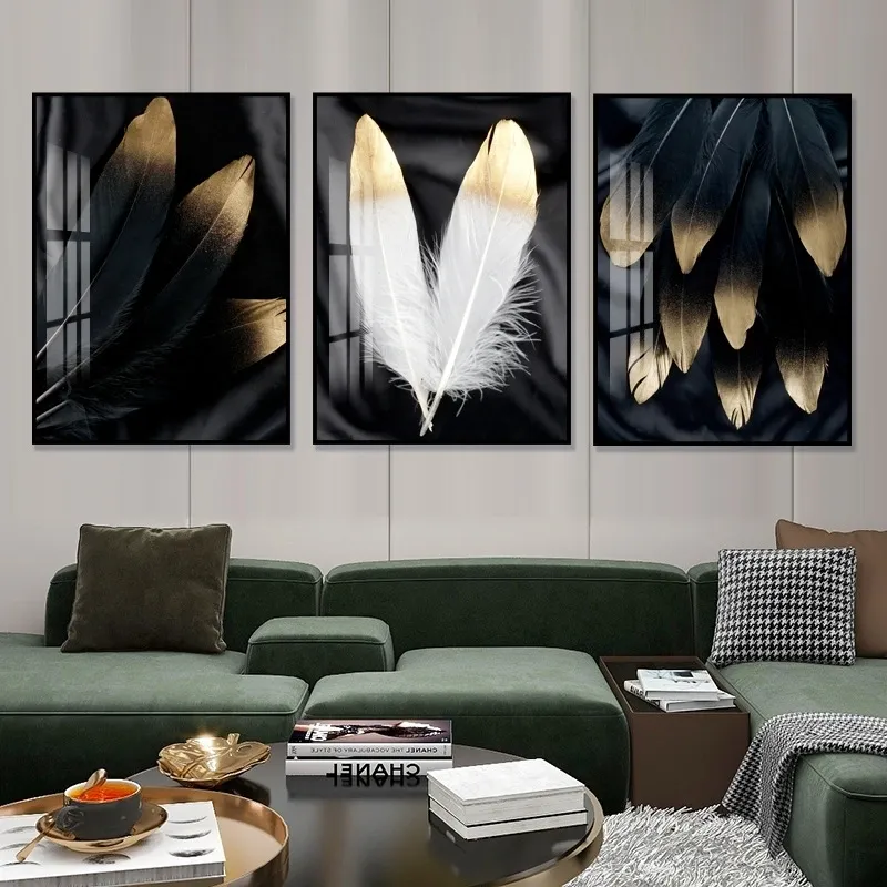 Golden White Feathers 3 Sets Paintings | Crystal Porcelain 3D Wall Art
