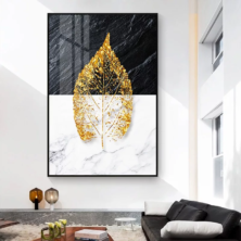 Maple Golden Leaf Black and White Marble Look | Crystal Porcelain 5D Wall Art