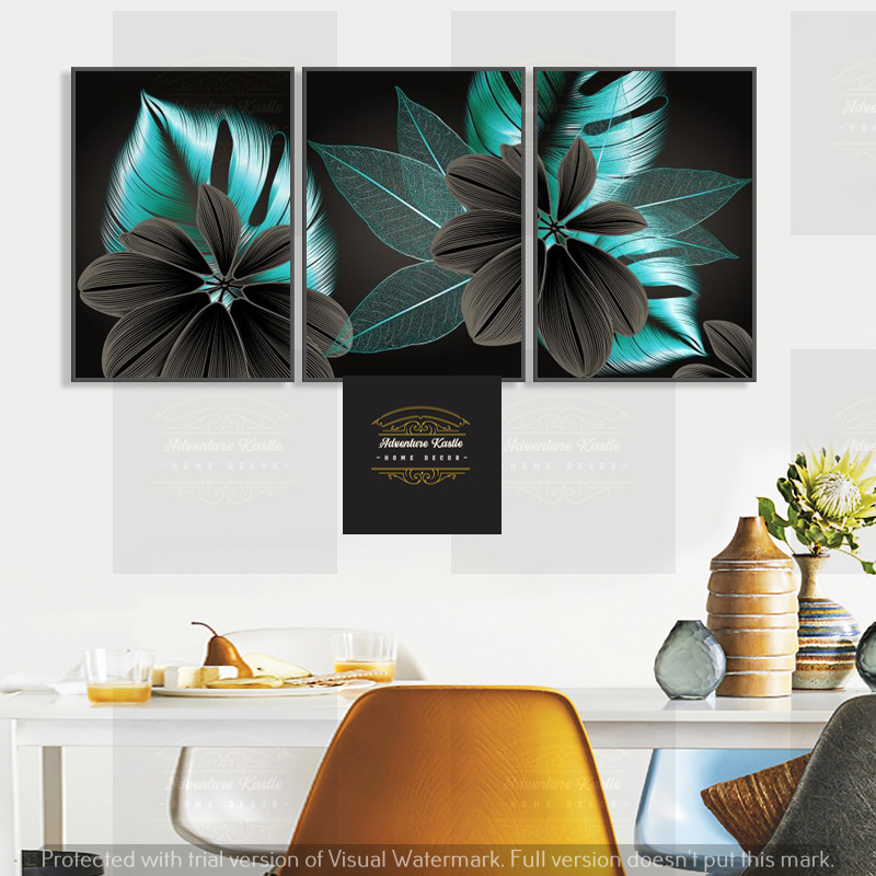 3 Piece Nordic Black Blue Grey Dark Shade Plant Leaves, Crystal Porcelain 5D Wall Art