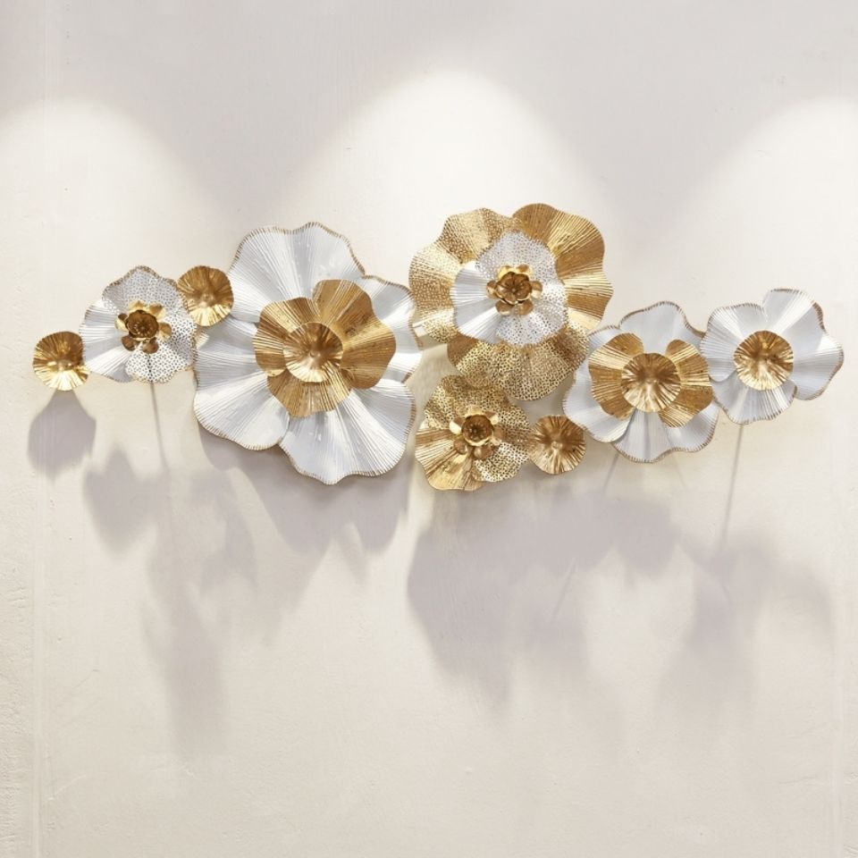 3D Large White and Golden Flowers, Metal Wall Art