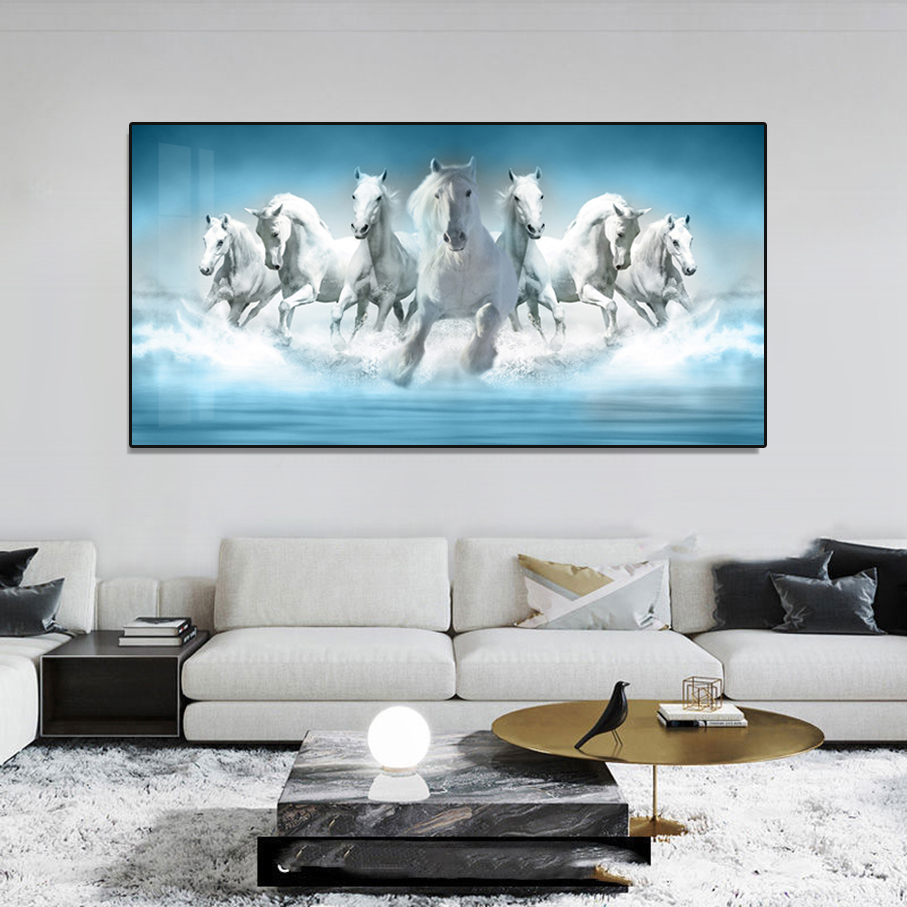 Running Horses Blue Water Crystal Porcelain 3D Wall Art