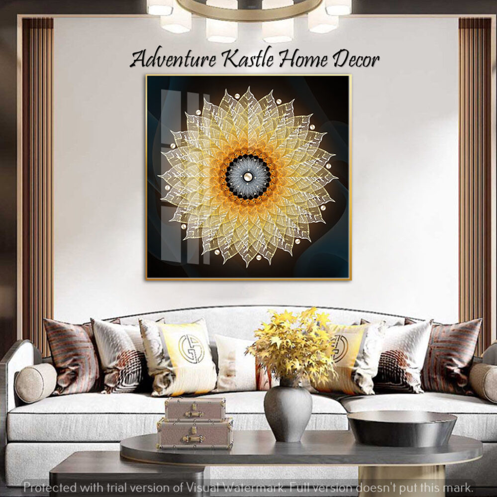 Crystal Porcelain 3D Wall Art Yellow Flower Mandala Art | Golden Frame