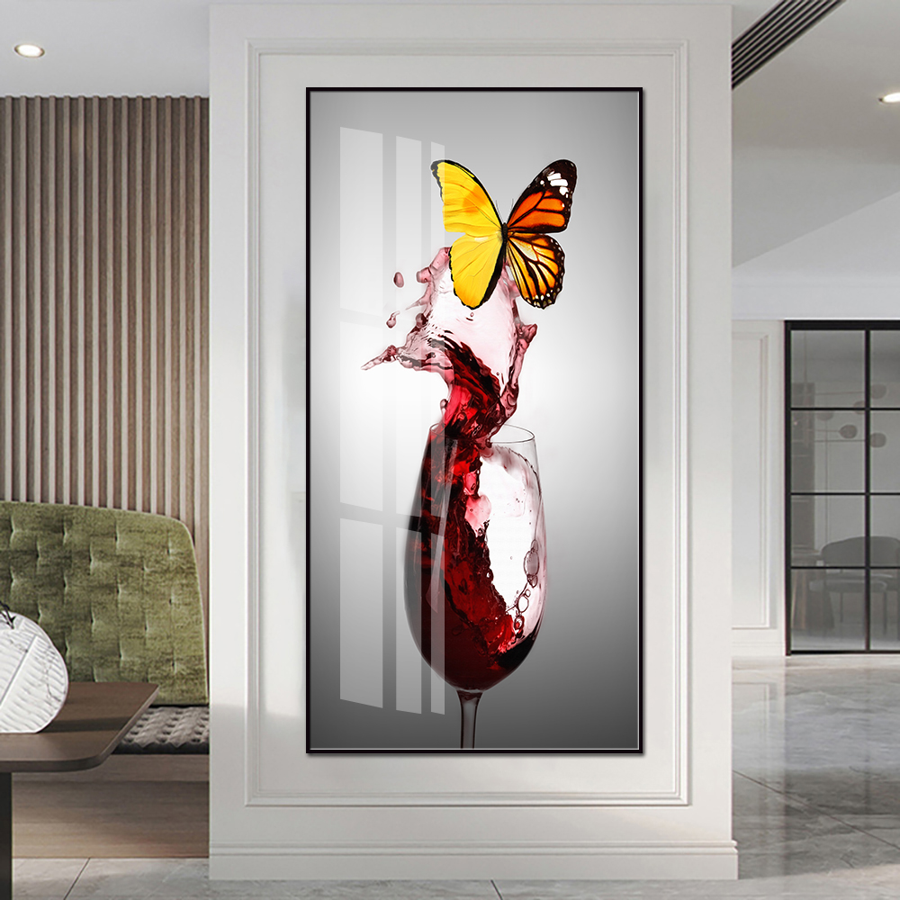 Red Wine Glass Butterfly Crystal Porcelain 3D Wall Art