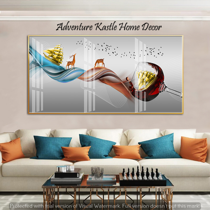 Red Wine Glass Deers and Boat Crystal Porcelain 3D Wall Art