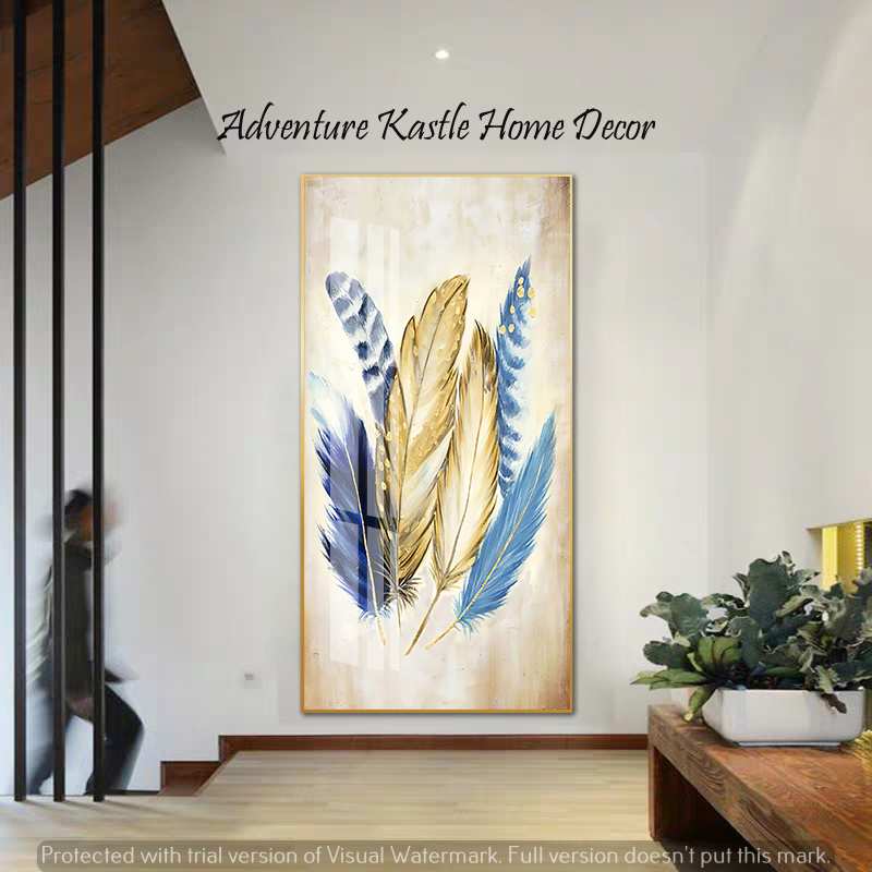 Golden Blue Feathers Crystal Porcelain 3D Wall Art