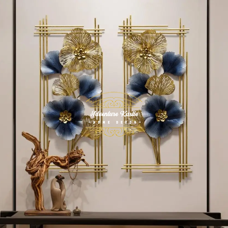 Set Of two Decorative Golden Gray Flowers Metal Wall Art