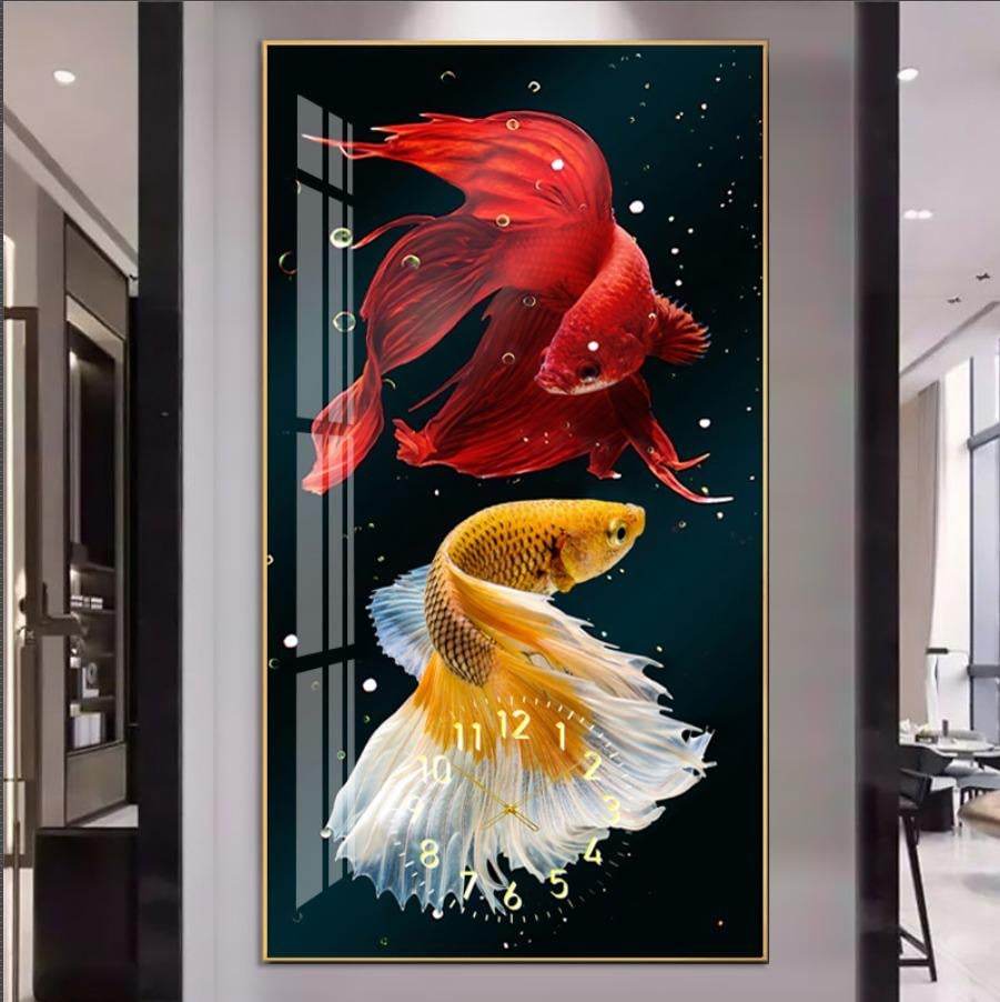 Crystal Porcelain 3D Wall Clock Golden Red Fish