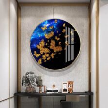 Crystal Porcelain 3D Round Butterfly Golden Blue Wall Art
