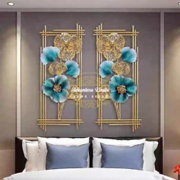 Set Of Two Decorative Golden Green Flowers Metal Wall Art