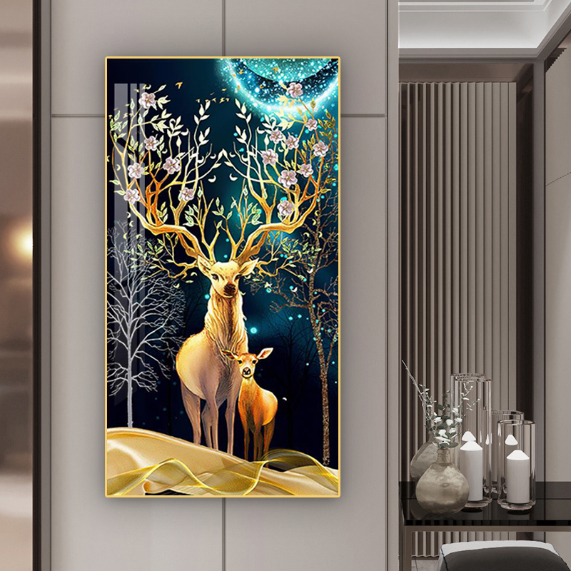 Mother and Baby Deer Nature Night View, Crystal Porcelain 5D Diamonds Wall Art