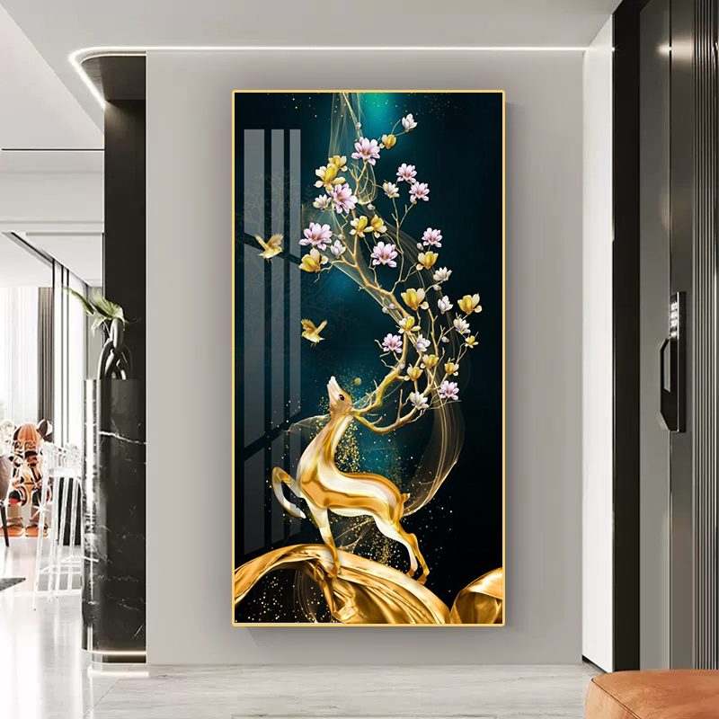 Golden Deer Flowers, Crystal Porcelain 5D Diamonds Wall Art