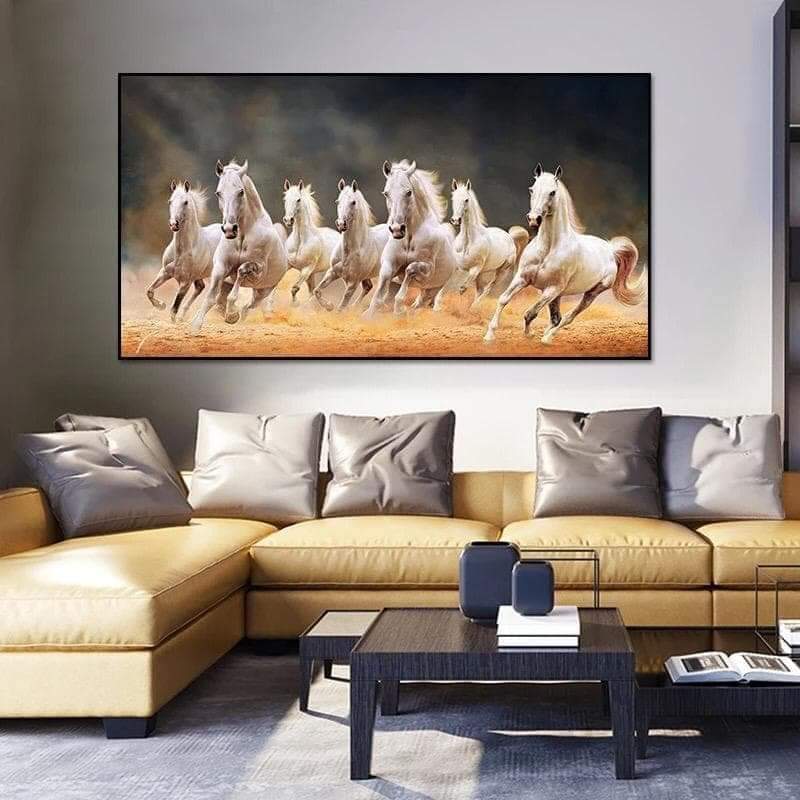 7 White Running Horses Vastu, Crystal Porcelain 3D Wall Art