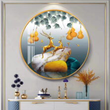 Golden Deer with Flower Horn Round, Crystal Porcelain 5D Wall Art