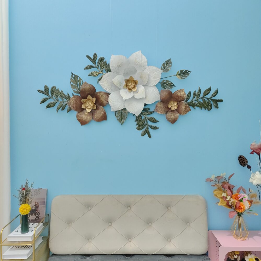 Modern Look 3D Brown White Extra Large Size Flowers and Leaves Metal Wall Art