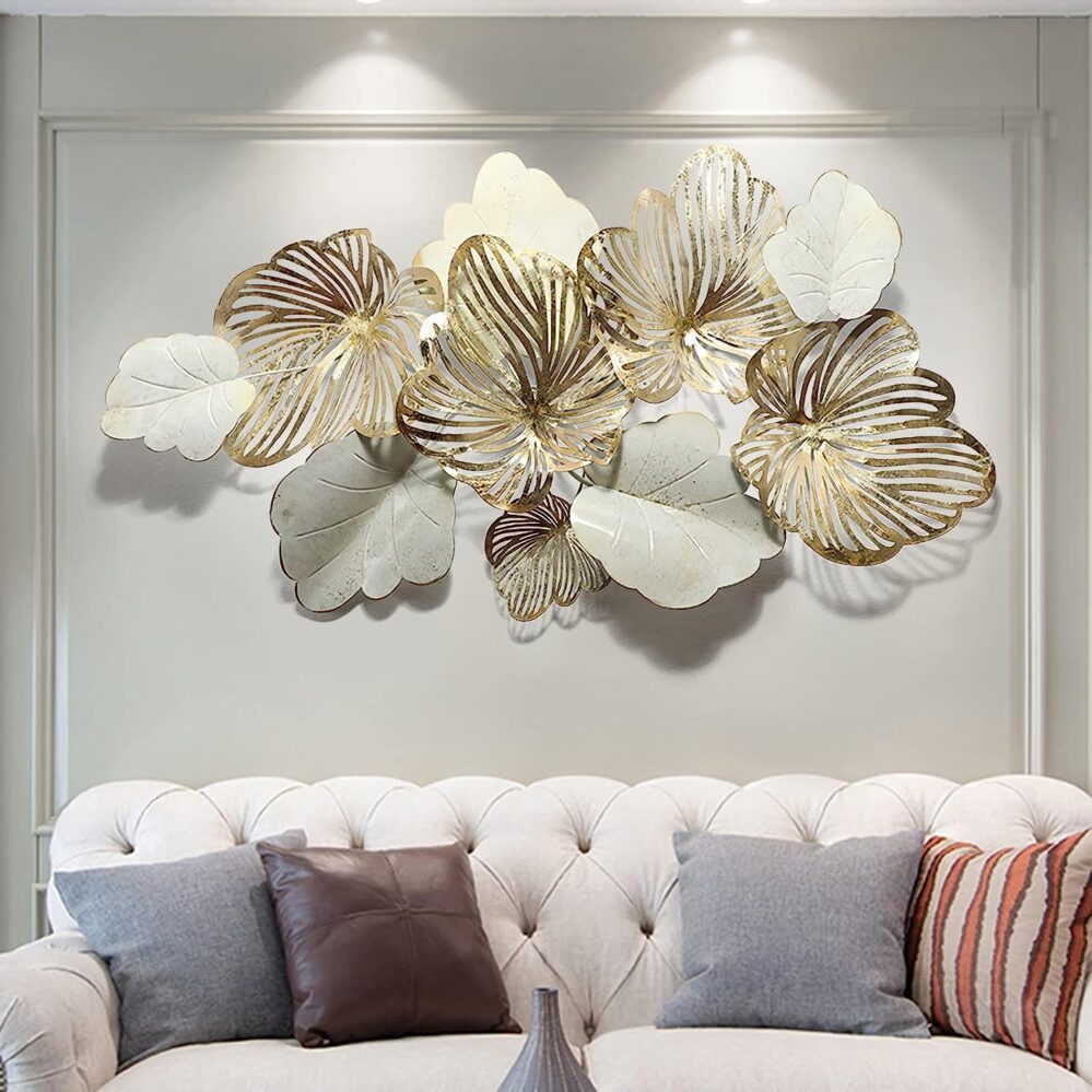Modern 3D Metal Wall Art, In White and Golden Leaves