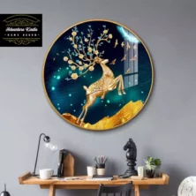 Round Shape Crystal Porcelain 5D Wall Art, Golden Deer and Night Beauty