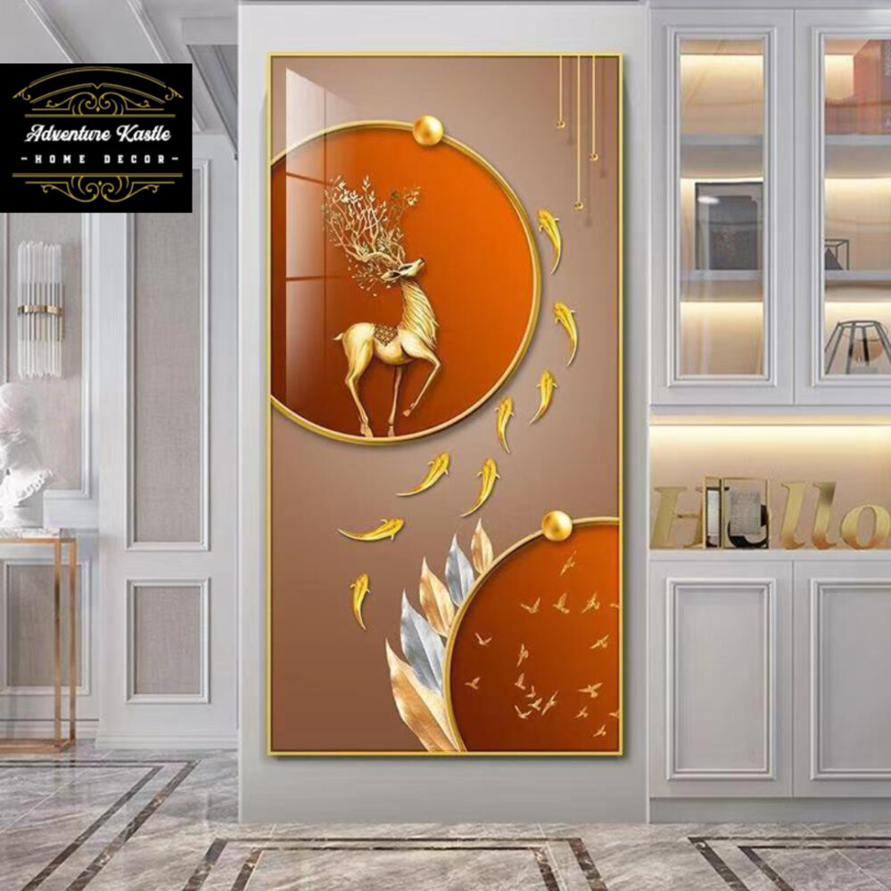 Golden Deer and fishes Crystal Porcelain 5D Wall Art