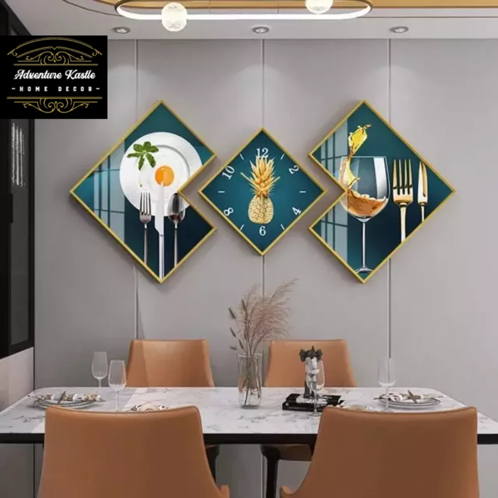 Set of Three Modern Wall Art Clock Combination Dinning Area Decor Crystal Porcelain 3D Wall Art