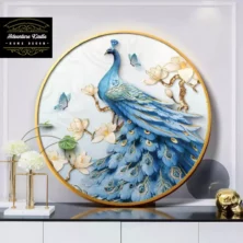 Round Shape Crystal Porcelain 5D Wall Art, Elegant Blue Peacock and flowers