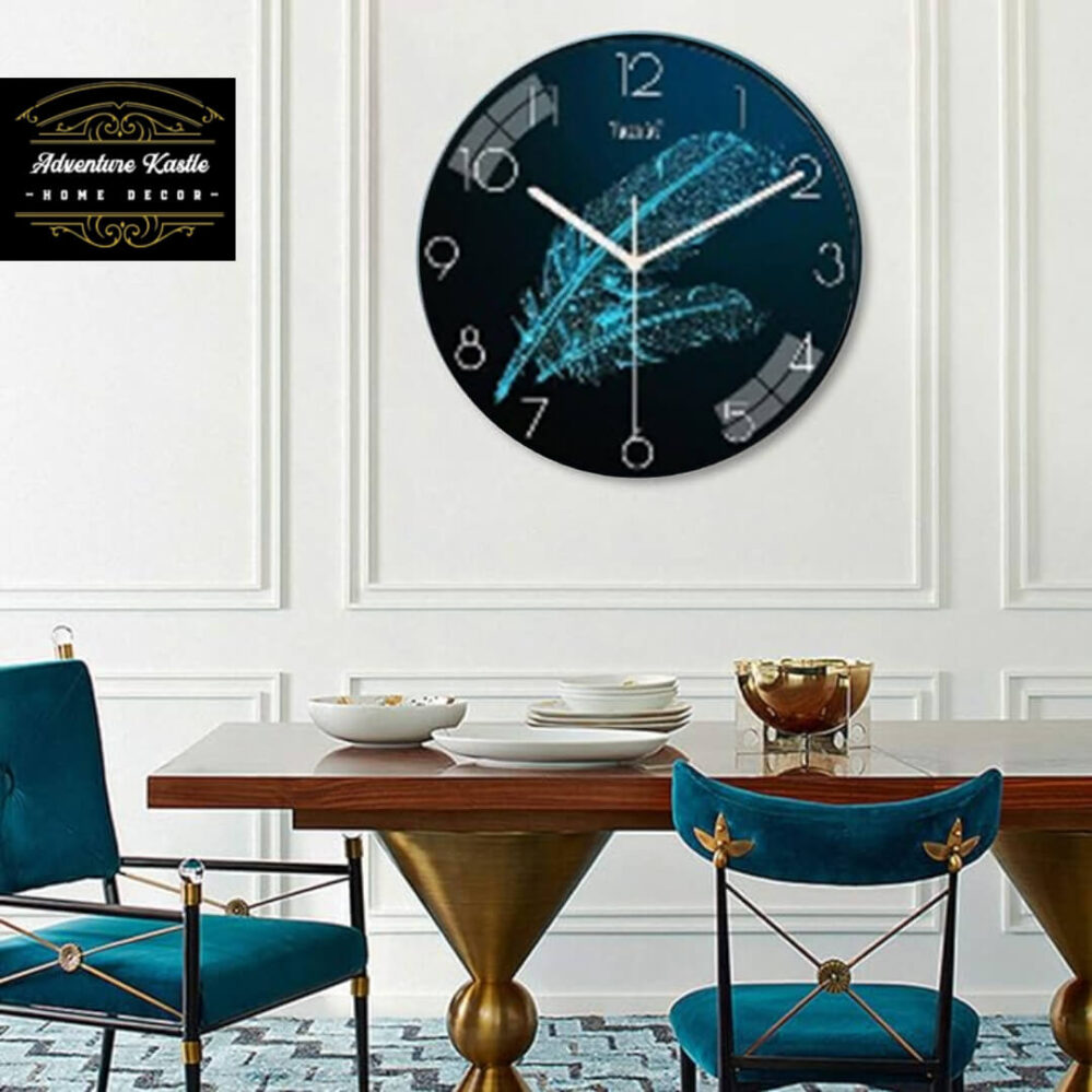 Feather Printed Blue Crystal Porcelain 3D Wall Clock