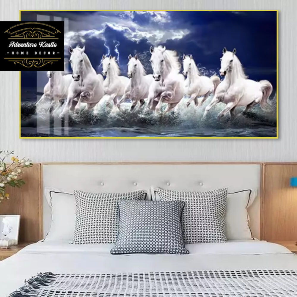 White Running 7 Horses Animal Prints Canvas Wall Painting