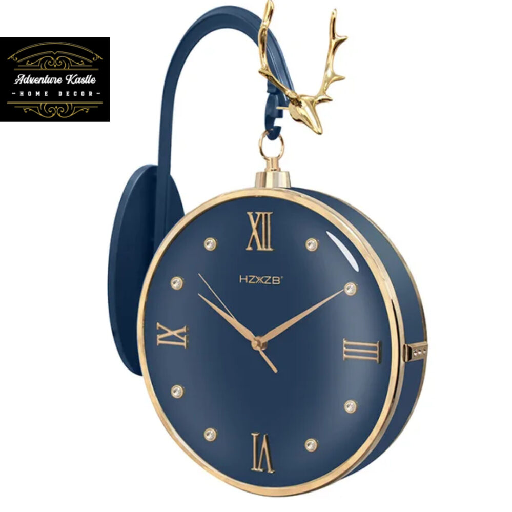 Luxury Blue Deer Head Round Wall Hanging Double Sided Wall Clock