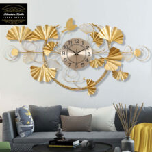 Luxury Gold Ginkgo Leaf Round Metal Wall Clock