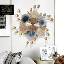 Large Round Sunburst Ginkgo Leaves Metal Wall Clock